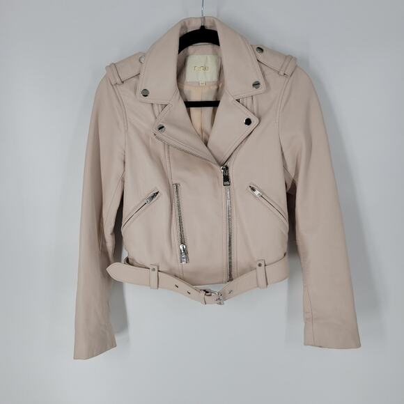 Maje Nude Betsy Cropped Leather Moto Jacket 38 - Picture 2 of 15